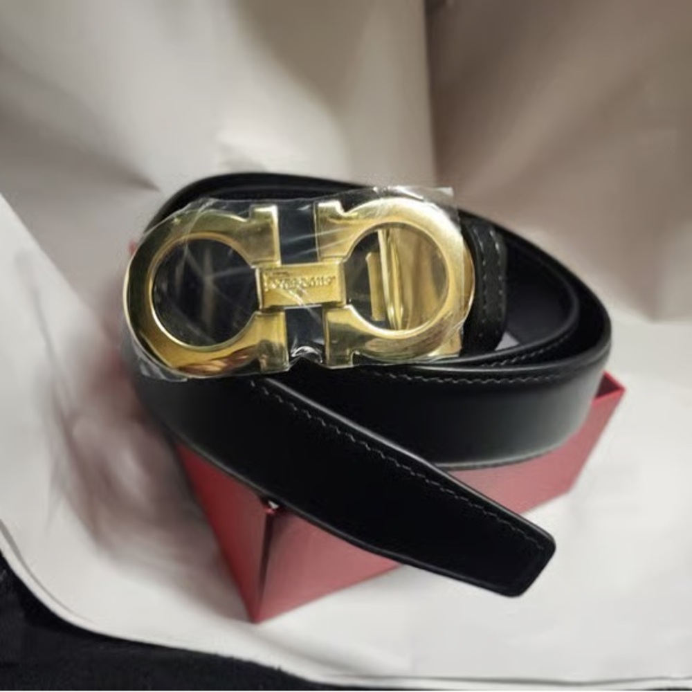 Salvatore Ferragamo Black Gold Gancini Leather Belt - Picture 3 of 6
